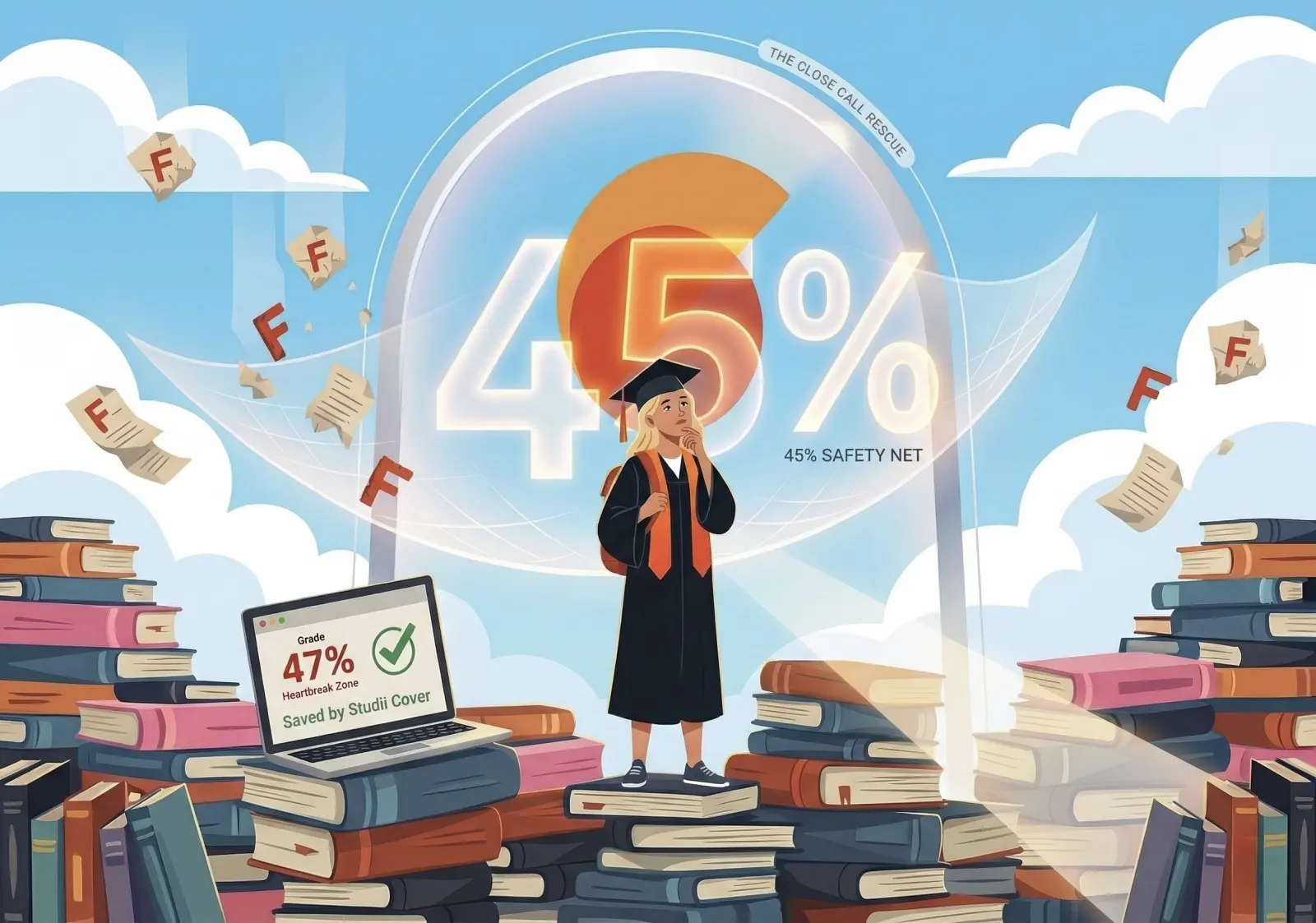 An illustrated graduate under a glass dome marked 45% safety net, with failing grades blowing away and a laptop showing 47%