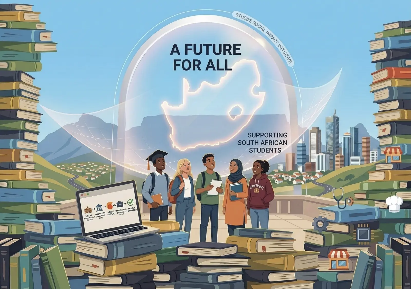 Five illustrated students in front of a glowing outline of South Africa, Table Mountain and a city skyline, framed by stacks of books