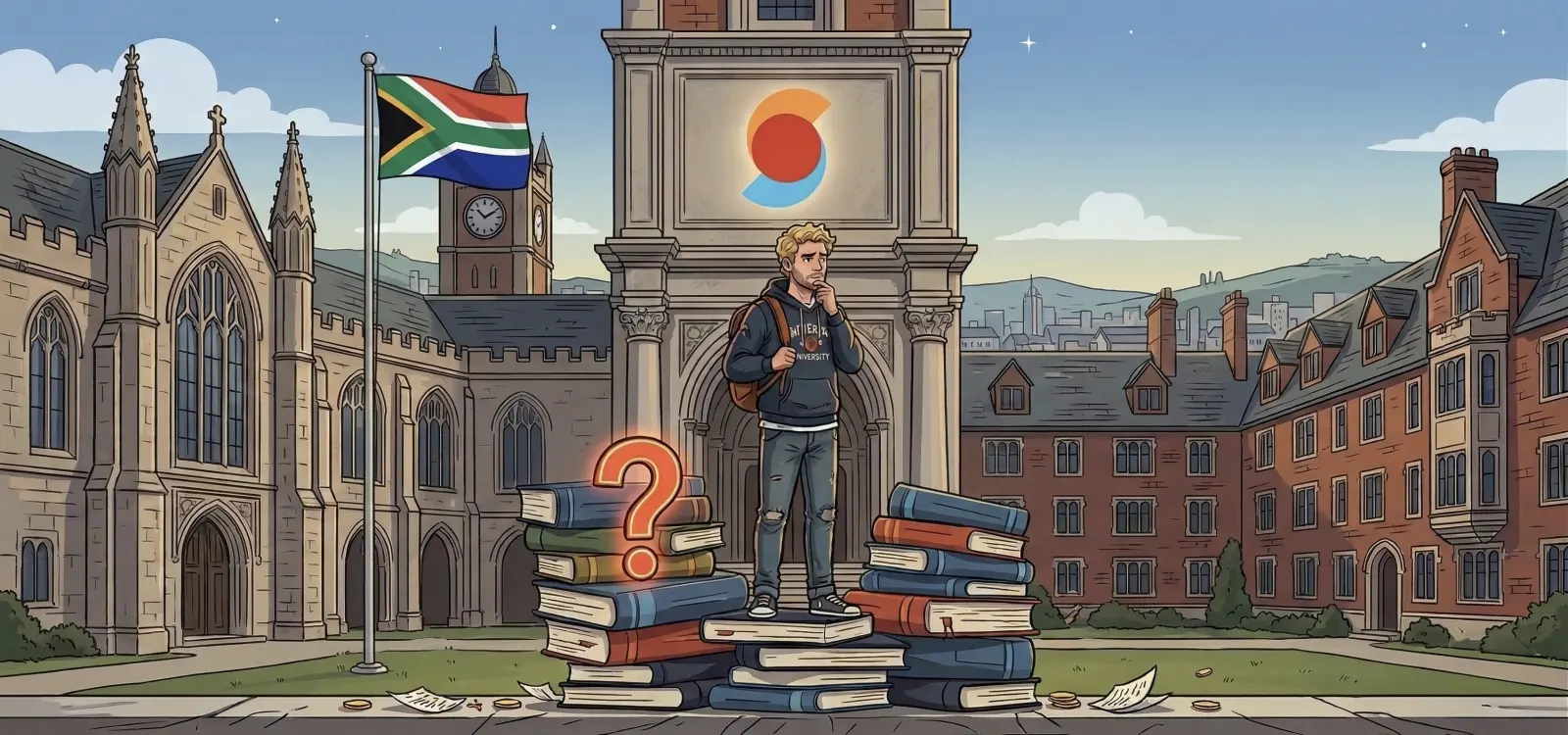 An illustrated student standing on a pile of textbooks in a university courtyard, beside a question mark, under the South African flag and the Studii logo