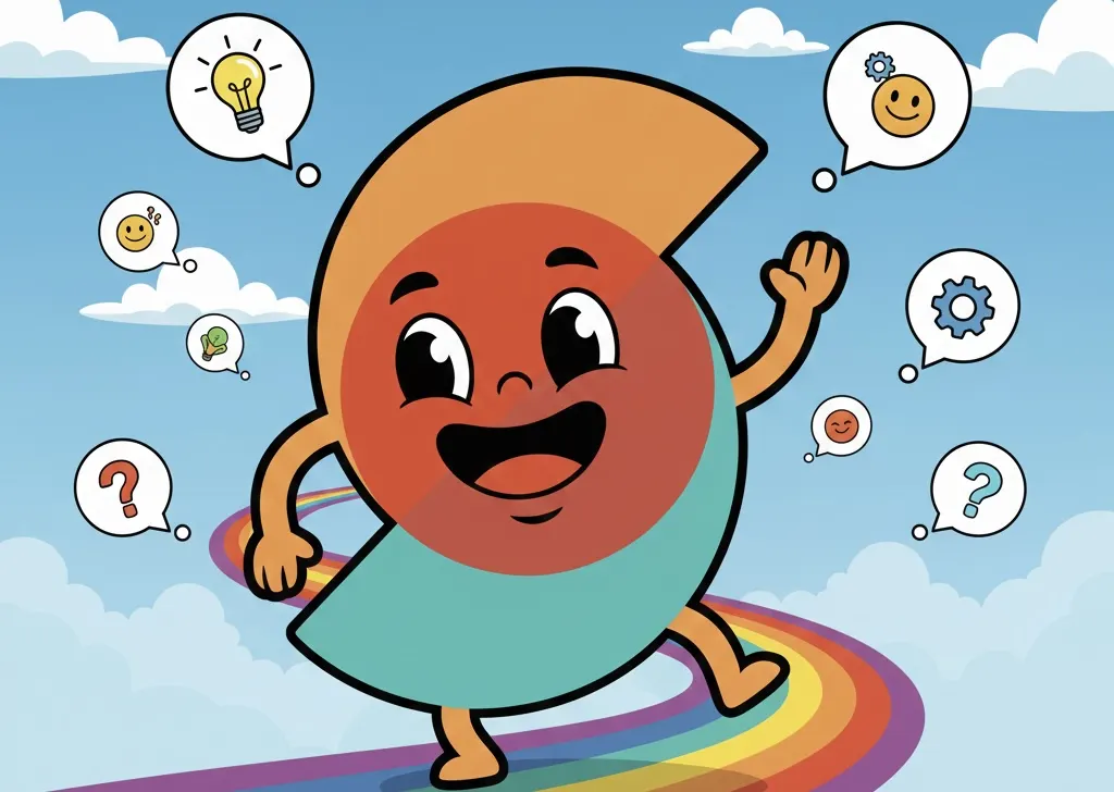A cartoon of the Studii logo with a smiling face, waving as it walks along a rainbow road among thought bubbles