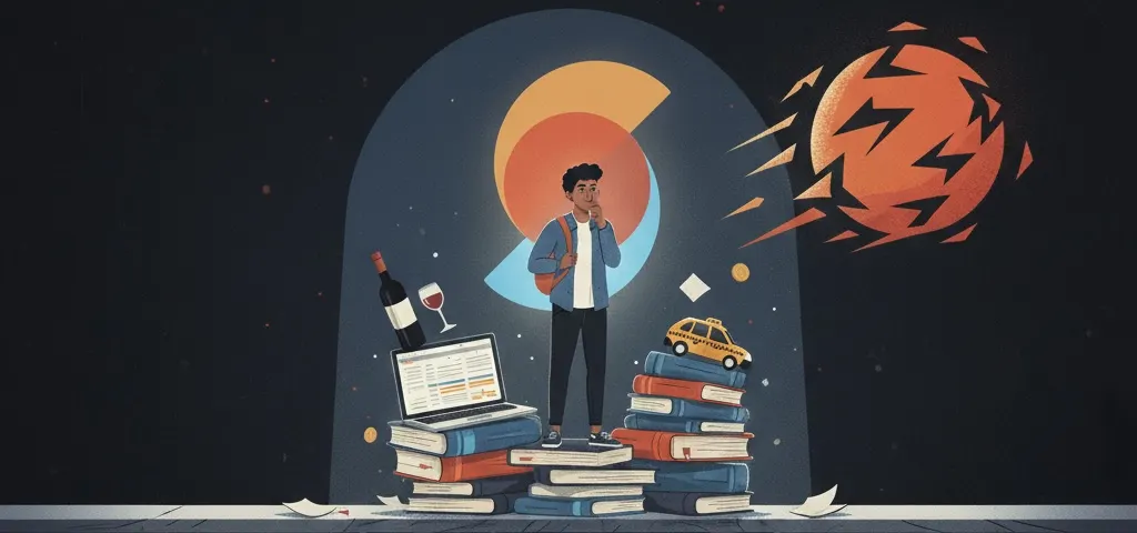 An illustrated student on stacks of books with a laptop and a taxi, as a fiery ball heads towards them, sheltered by the Studii logo